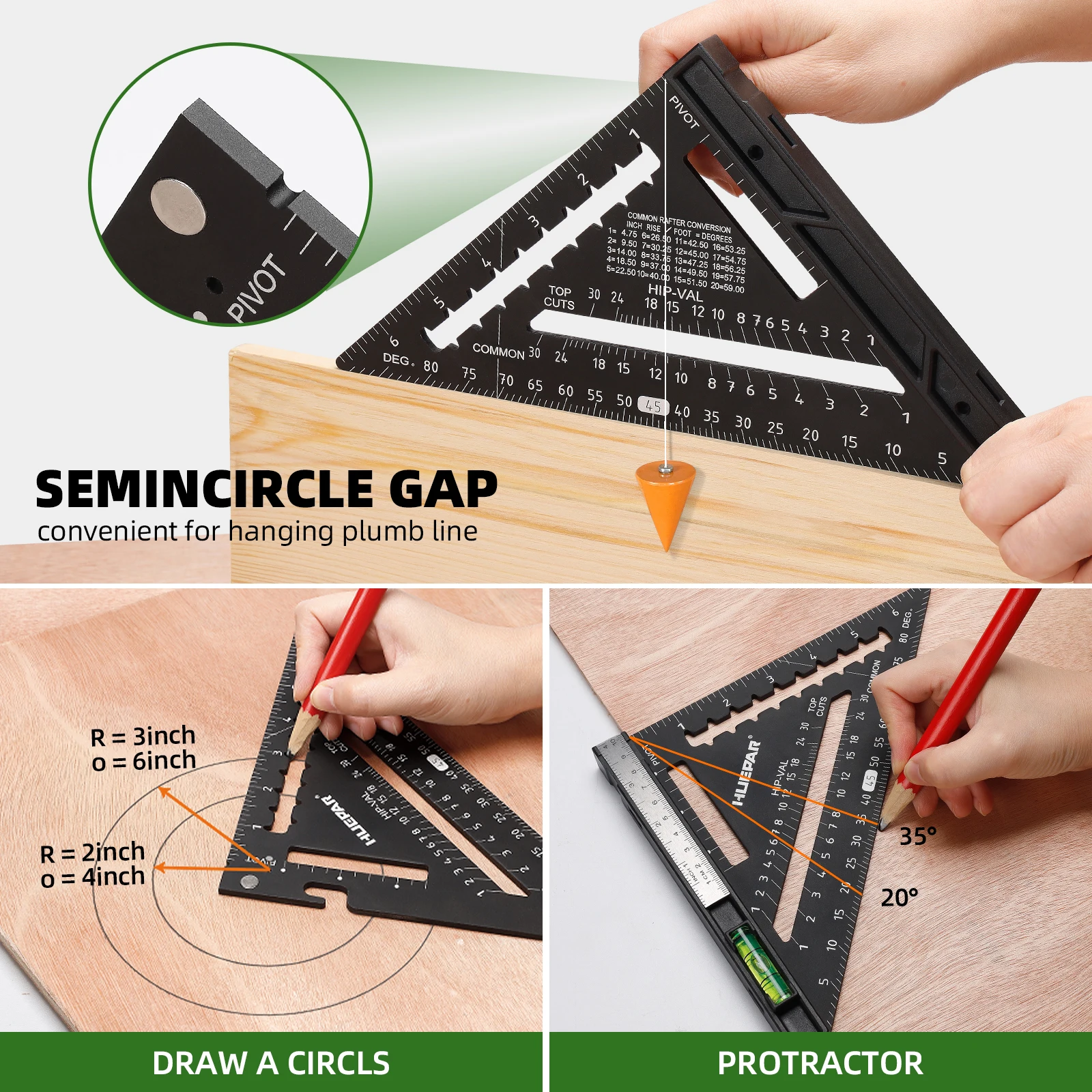 Huepar 7inch Triangle Ruler Aluminium Alloy Carpenter Square Precise Stainless Steel Meauring Tools With Spirit Level