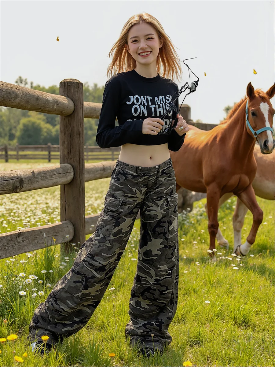 Pantaloni casual da donna stile coreano Camouflage bordo grezzo donna orlo senzaed look vintage moda streetwear trendy vita alta dritto