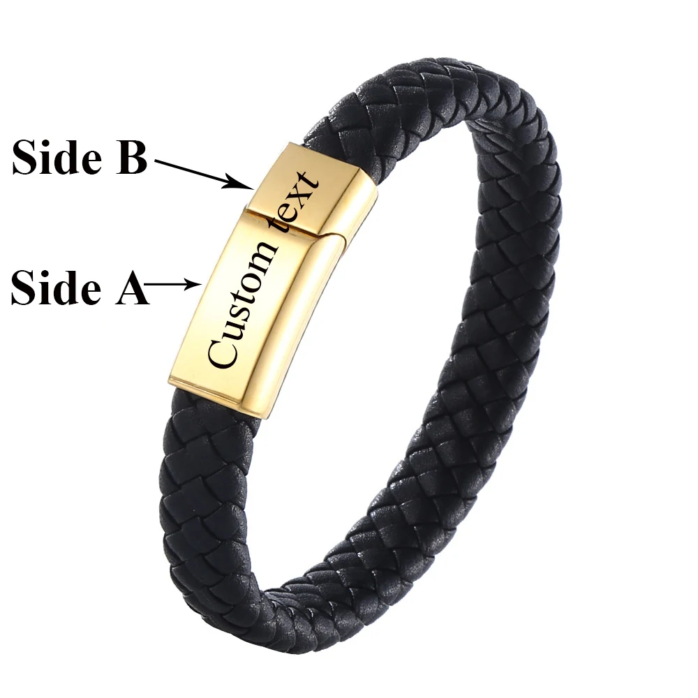 Custom logo Name Engrave Leather Bracelet Gold Color Magnetic buckle Stainless Steel Bracelets For Women Men ID Bracelet