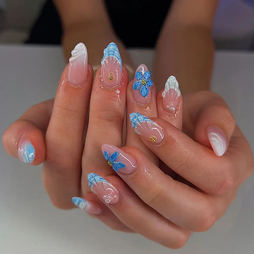 24pc Pearl Blue French Tip Press On Nails - Ocean Style 3D Gel Set