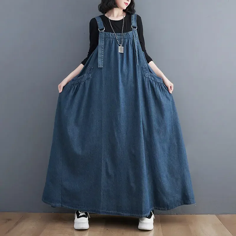 2024 Large Size Women's Denim Clothing Autumn Sleeveless Suspender Dress Temperament Loose A-Line Long Strap Jeans Vestidos B872