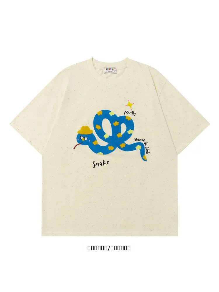 

from Floing Embroidery ort Sve T-irt Loose Fit Chinese Trend Snake Pattern round Ne Youthful Sle Summer New