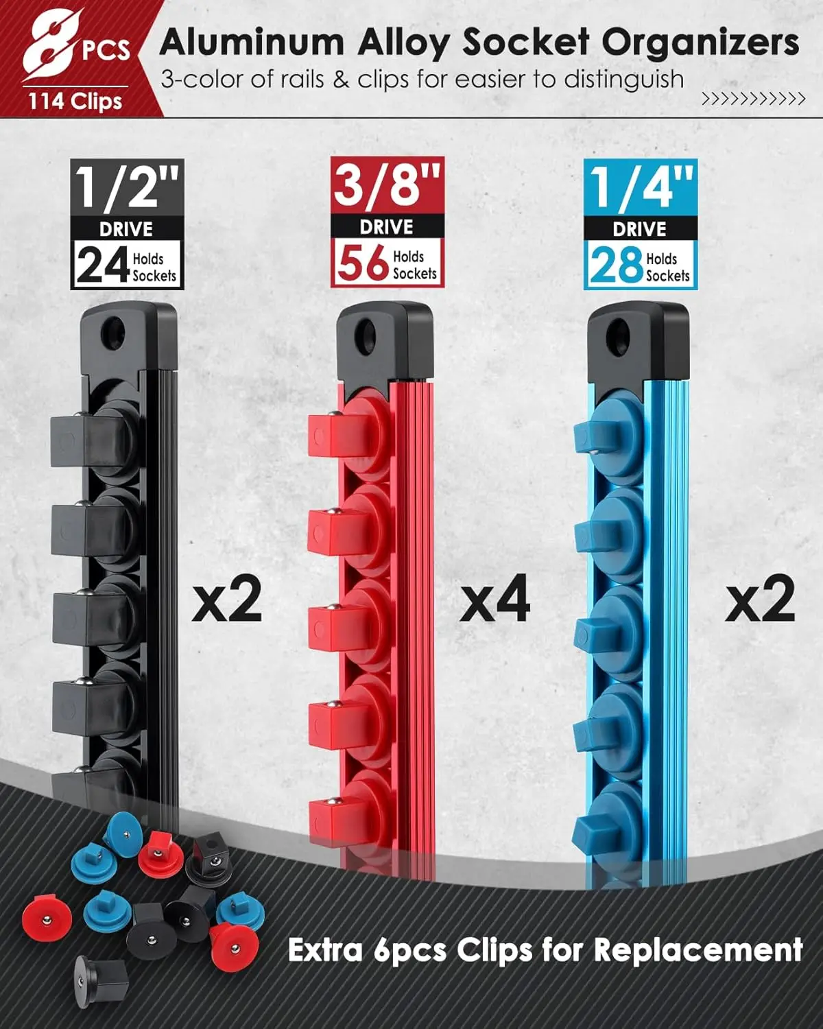 مجموعة منظم حامل المقبس المغناطيسي 8 قطع - 1/4، 3/8، 1/2 - صواني السكك الحديدية مقبس سبائك الألومنيوم لدرج صندوق الأدوات، شعبية جديدة #1