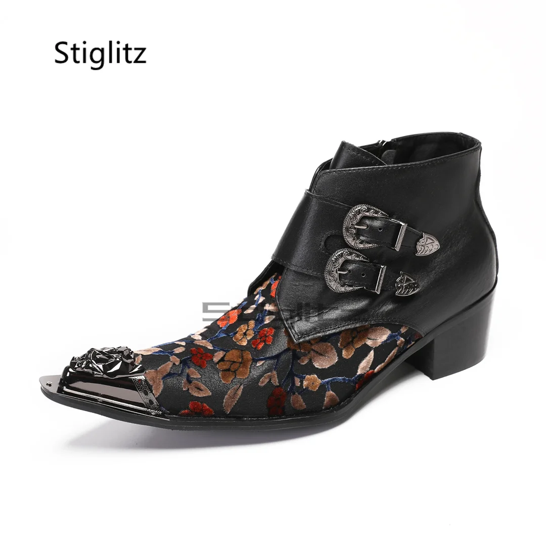 

Black Flowers Prints Men's Boots High Heeled Genuine Leather Ankle Boots Metal Pointed Toe Double Buckle Banquet Shoes for Men