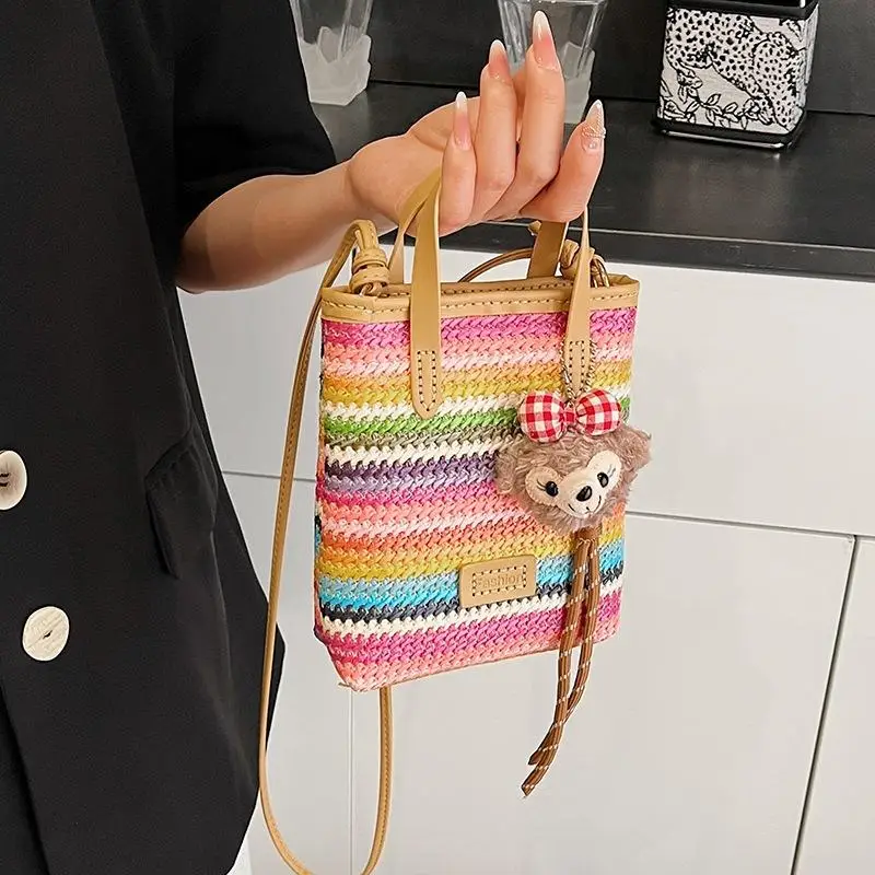 DIY Knitted Bag - Beginner Set - Rainbow Knitted Retro Artistic Shoulder Bag for Commuting - Striped Brown Womens Bag