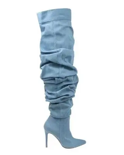 

New Blue Black Denim Jeans Pleated Pointed Toe Hidden Zipper Thin Heels Over The Knee Boots Women Run Way Party Long Botas Shoes