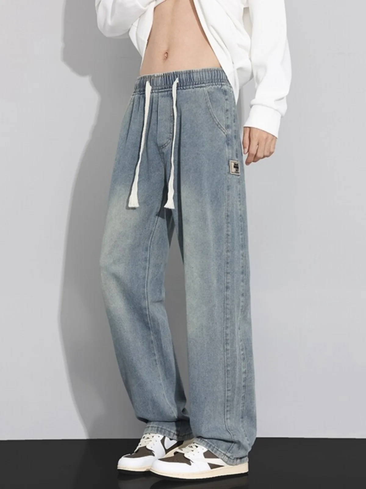 

Spring Autumn Men's Loose Straight Leg Jeans Pure Color Casual Long Trousers American Retro Wide Leg Pants Faionable Brand