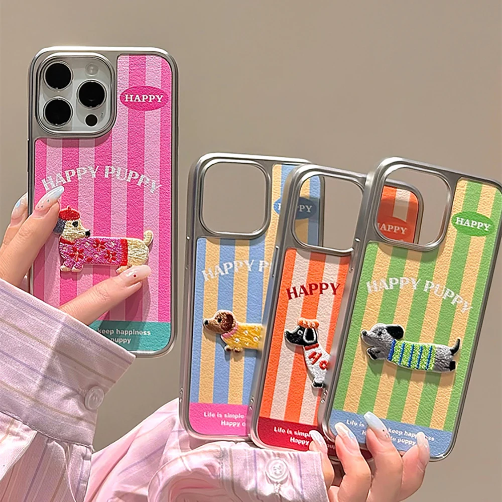 Korean Cte 3D Embroidery Dog stripes Phone Case For iPhone 15 14 13 11 12 Pro Max Plus X XR Lovely Happy Puppy Soft Cover