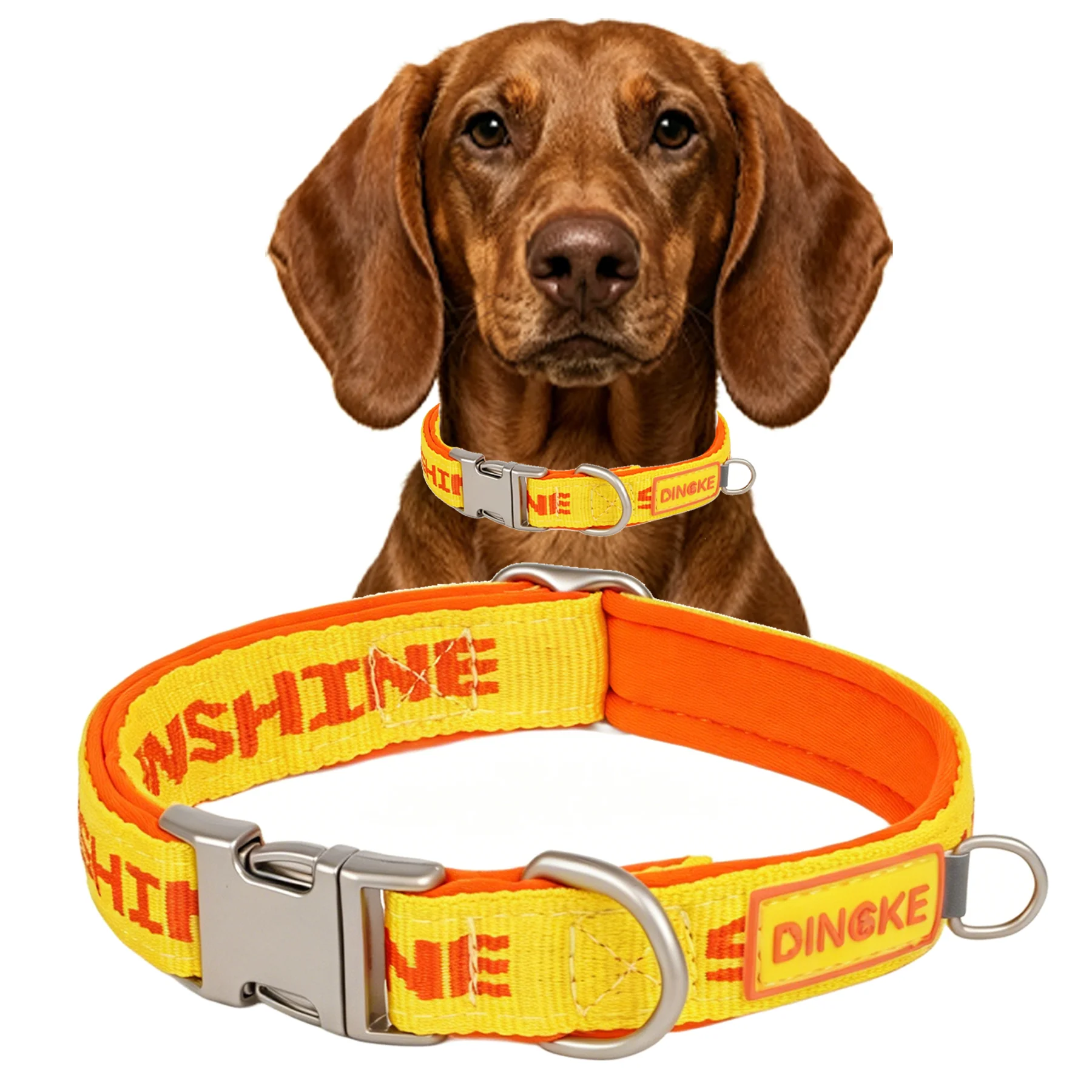 Collier pour animaux de compagnie jaune confortable en matériau de plongée doublé, avec ceinture tressée à lettres tendance et boucle en alliage, adapté aux chiens de petite à moyenne taille