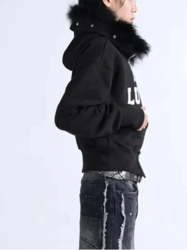 

Толстовка унисекс в корейском уличном стиле хип-хоп с меховым воротником, свободная посадка на молнии для осенне-зимней моды Y2K