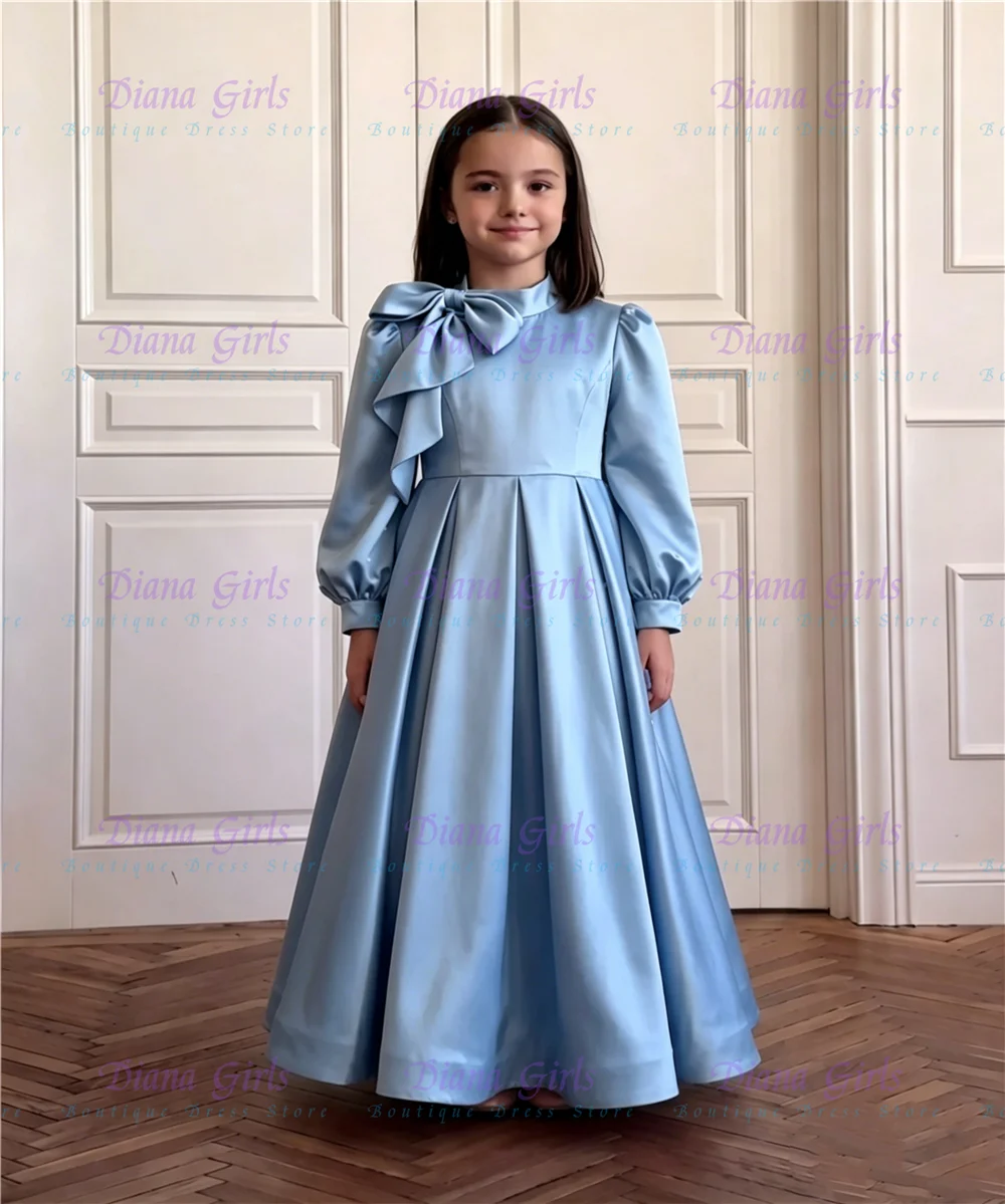 New Lovely Quality Blue Satin Fluffy Baptism Flower Girl Dress For Little Princess Wedding Birthday Party Evening Ball Gowns