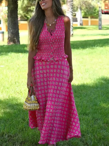 Faldas por debajo de la rodilla de cintura alta con estampado Vintage, conjuntos de 2 piezas para mujer, novedad de 2025, Top corto atado con cuello en V, trajes de vacaciones de verano para mujer