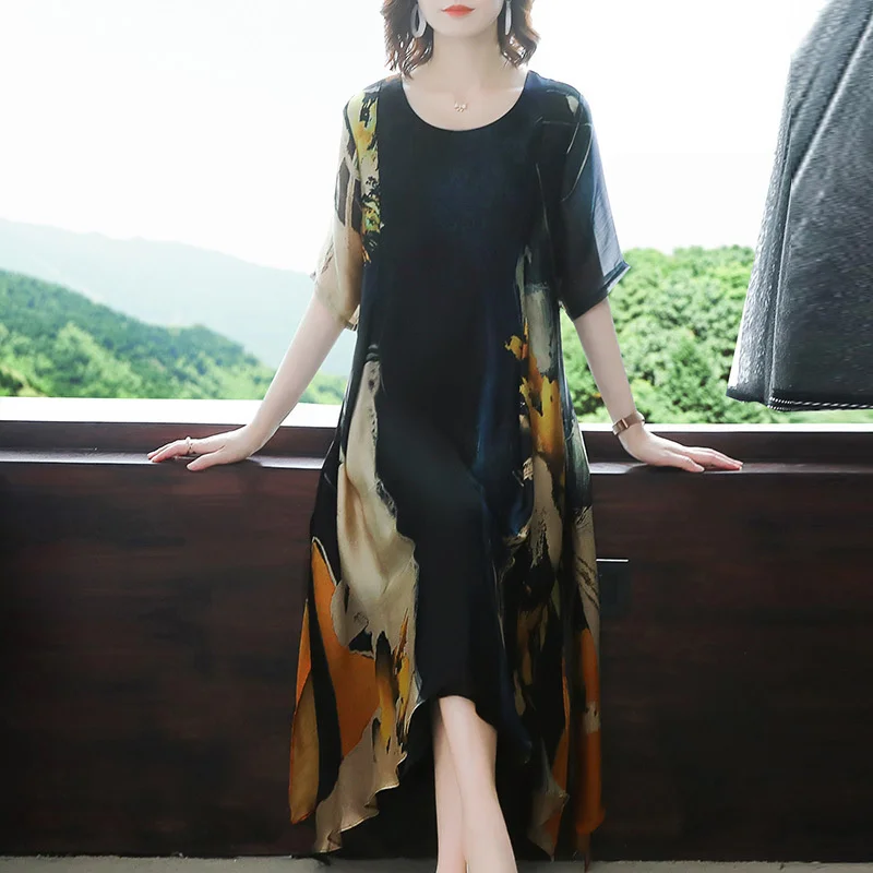 Long Skirt 2023 Summer Loose Everything Temperament Women Rich Lady Too Fashionable Loose Show Thin Print Long Dress Commuting