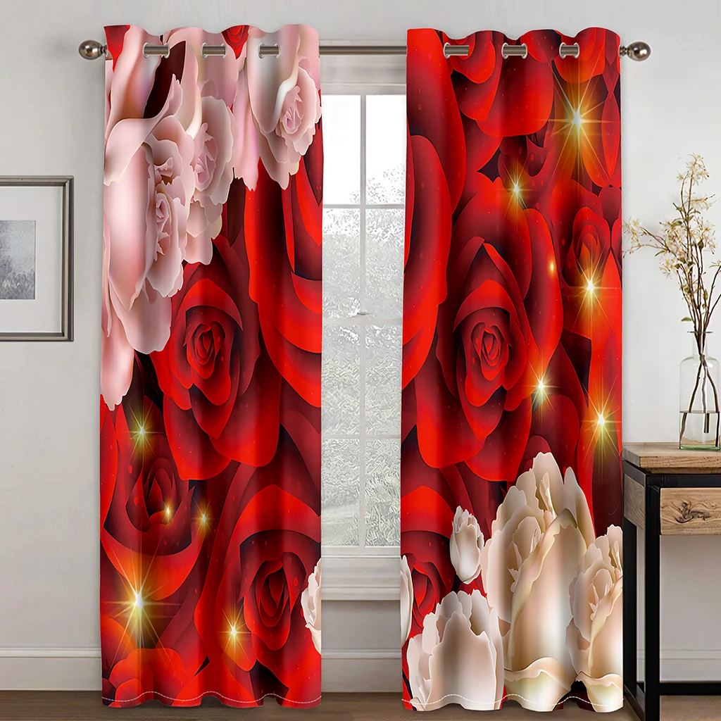 Shiny Roses Sunshade Curtains for Girl Bedroom, Printed Thin Curtains with Digital Printed, Red and Pink Color Living Room