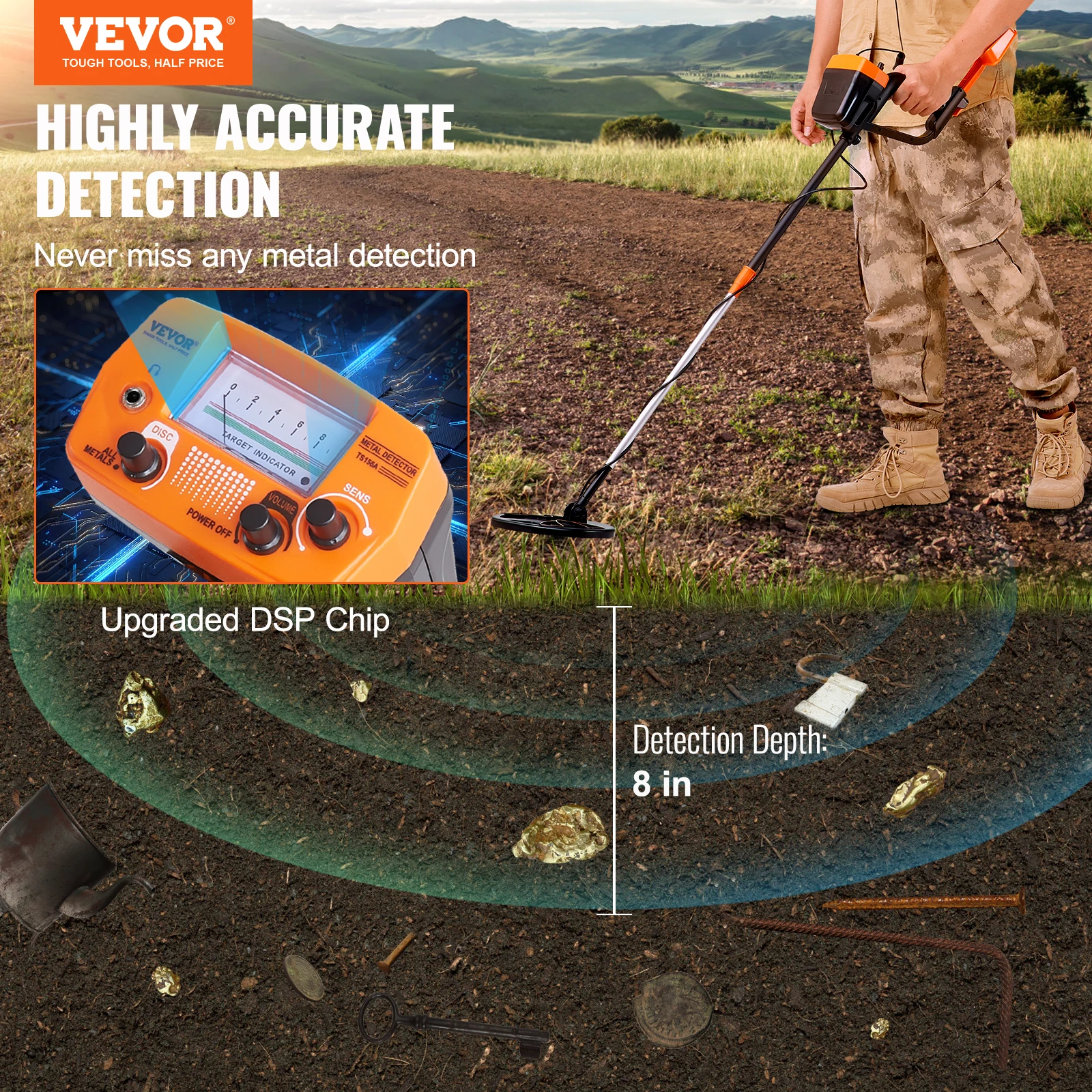 VEVOR Metal Detector 8Inch Waterproof Search Coil with High Accuracy Pointer Display Adjustable 38''-49'' Aluminum Stem Detector