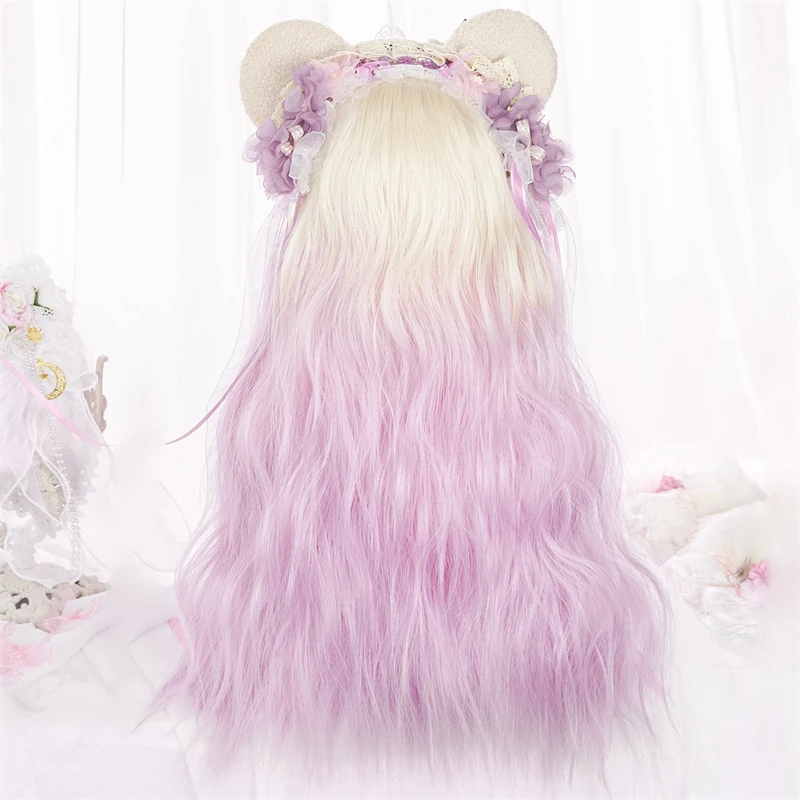 Girl Purple Mixed Gradient Long Wavy Lolita Wig With Bangs Cosplay Party Synthetic Wigs For Women