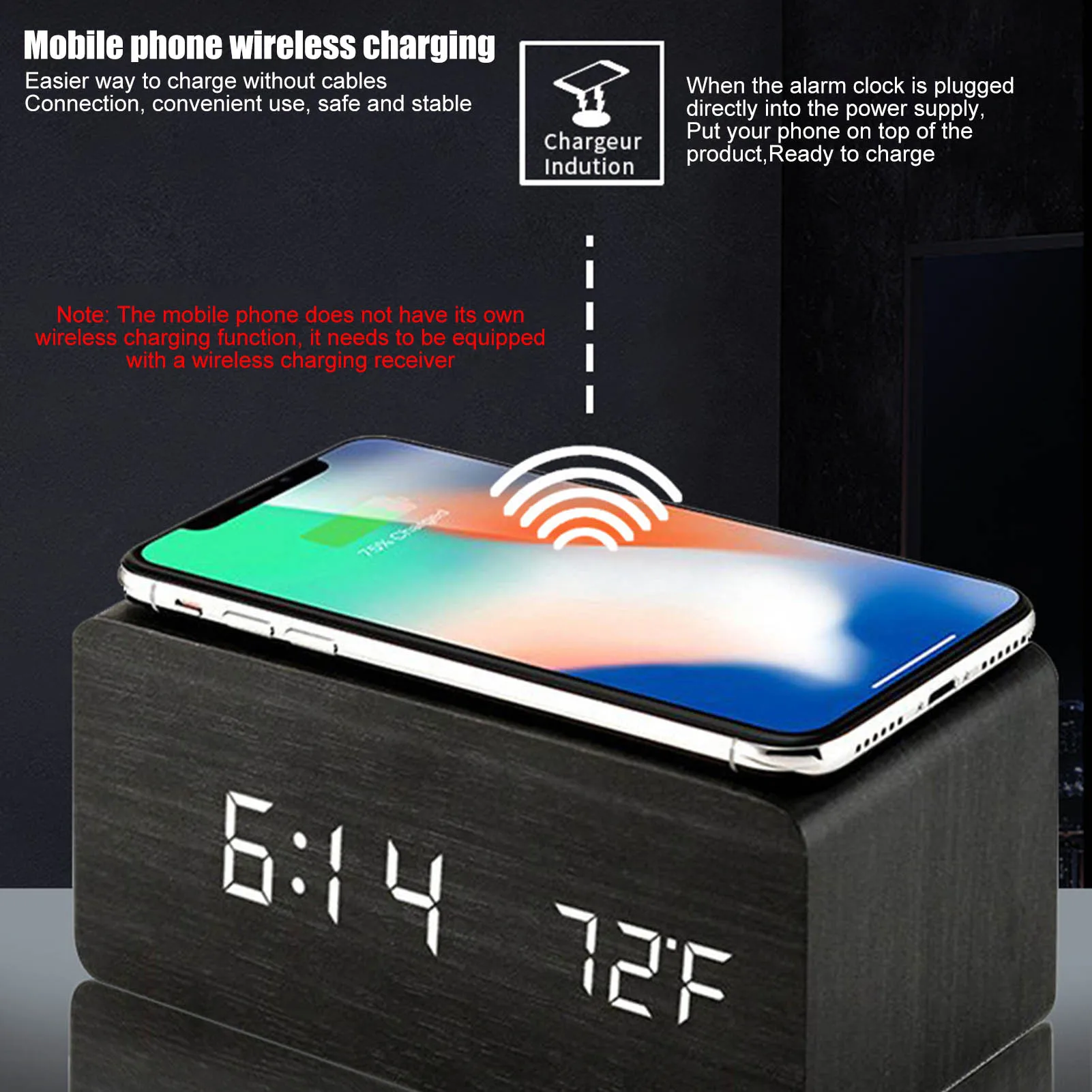 Wooden Digital Alarm Clock Smart Alarm Clock With Wireless Charging LED Alarm Clocks For Bedrooms College Dormroom