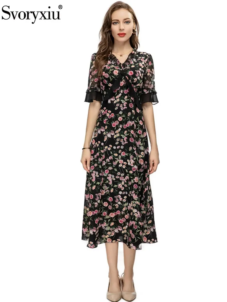 

Svoryxiu Runway Designer Summer Vintage Gorgeous Flower Print Midi Dress Women's Short sleeve High Waist Vacation Party Dress