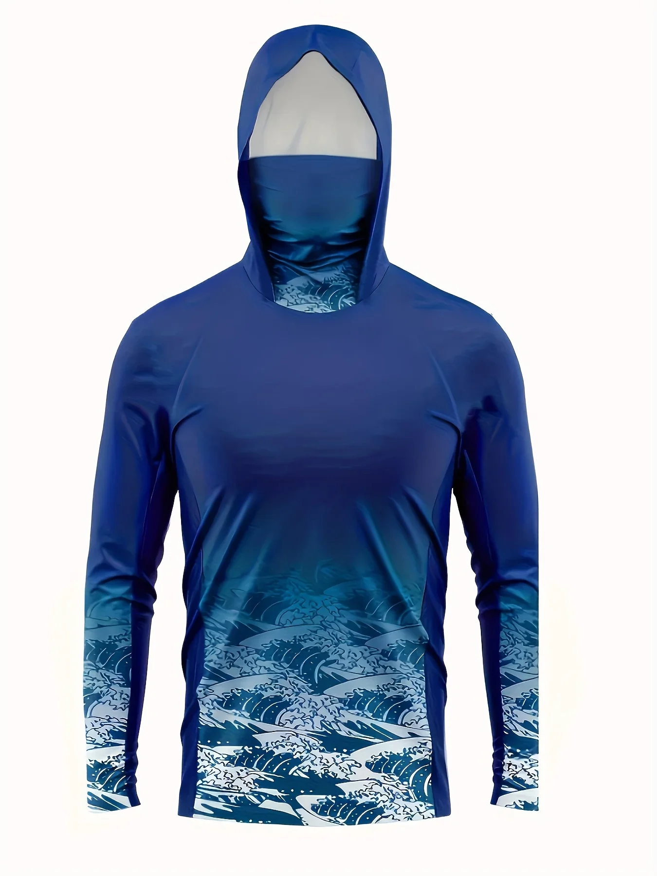 Men BlueWave Gradient Hooded Fishing Shirt with Face Mask UV Sun Protection Quick Dry Breathable Long Sleeve Outdoor Premium Top