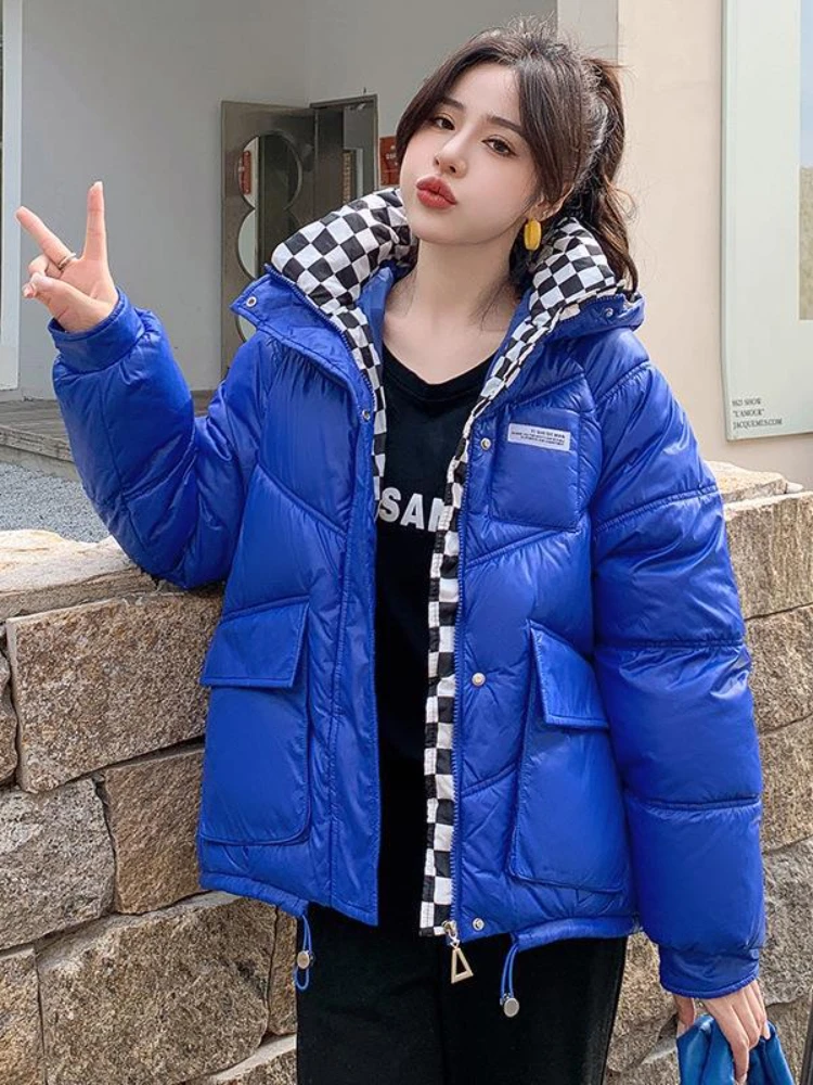 

Winter Jacket Women Nice New Fashion Parkas Thick Loose Pockets Long Sleeve Hooded Blue Wide-waisted Oversized Top Coats Women's
