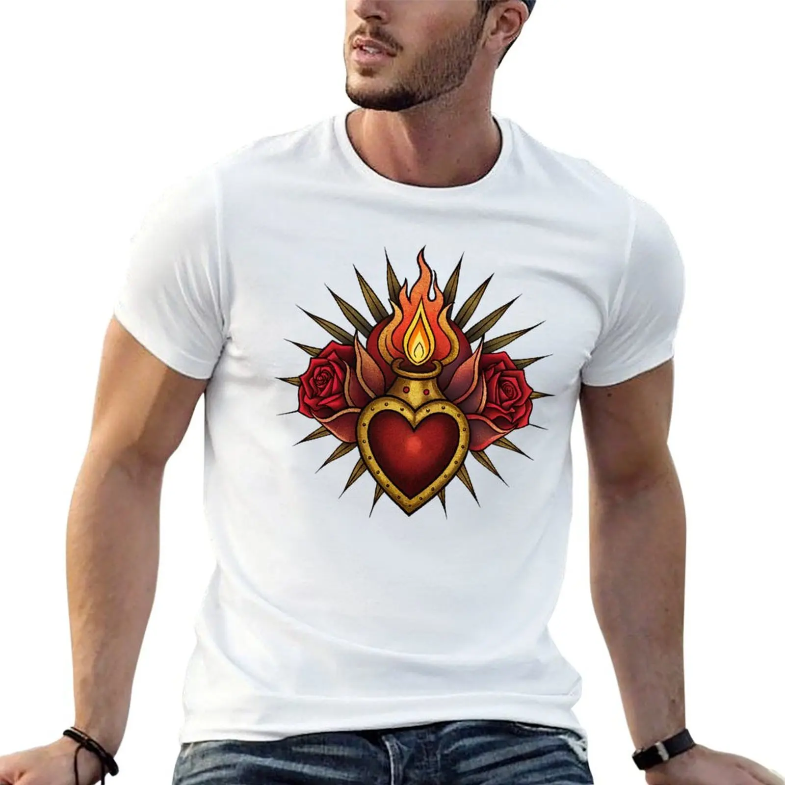 

Mexican Fiery Sacred Heart with Roses T-Shirt cotton t shirt man t shirts cotton 100% T-Shirt
