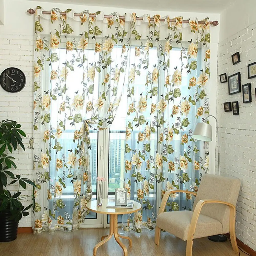 Ready Stock  Peomies Embroidered Curtain with Holes Beads Light Transmission Door Window Curtain for Living Room Bedroom 1PC