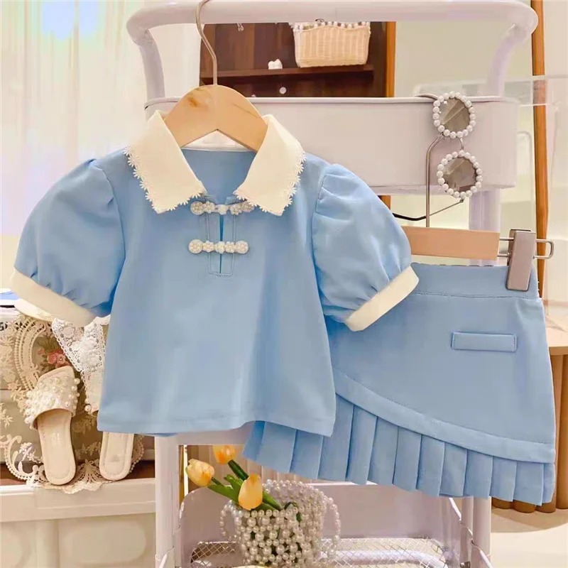 Summer Princess Clothing Sets Girls Short Sleeve Suits Polo Shirt+Skirts 2Pcs Kids Fashion College Style Outfits 3-8 Years