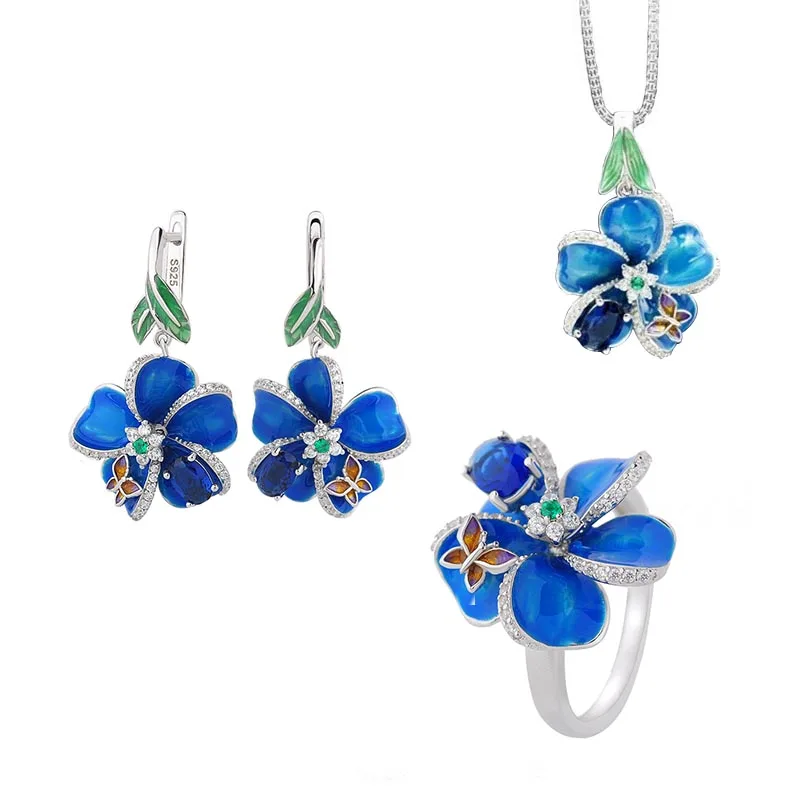 

925 Sterling Silver Luxury Big Jewelry Sets Elegant Enamel Flower Earring Ring for Woman Bride Excellent Wedding Jewelry Sets