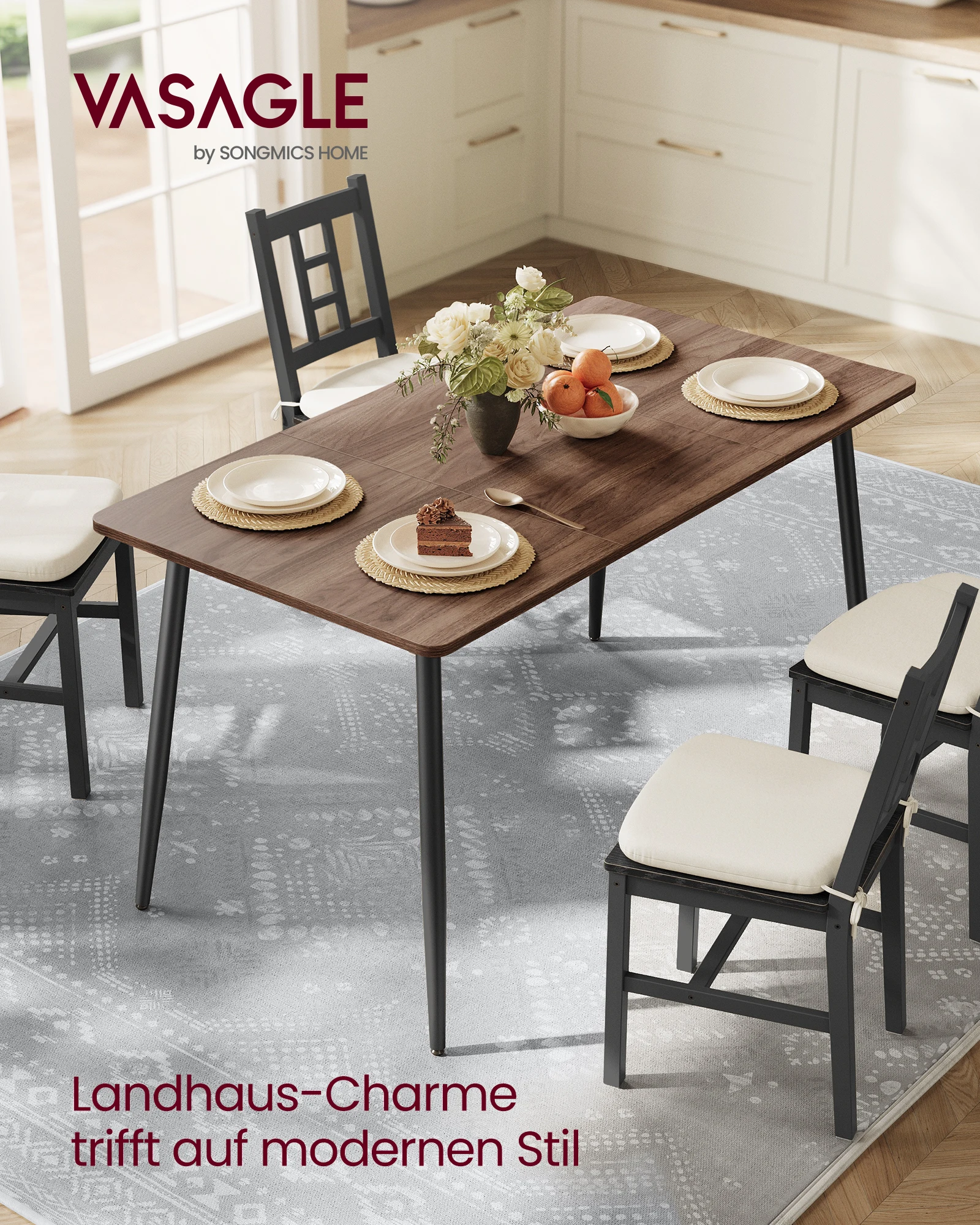 VASAGLE Esstisch, Esszimmertisch, Küchentisch, für 4-6 Personen, Landhausstil, hitzebeständige Oberfläche, einfache Montage