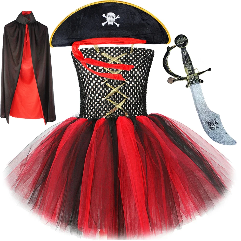 Red Black Pirate Costumes for Girls Halloween Disguise Dresses for Kids Carnival Party Fancy Tutus Child Clothes with Cloak Hat