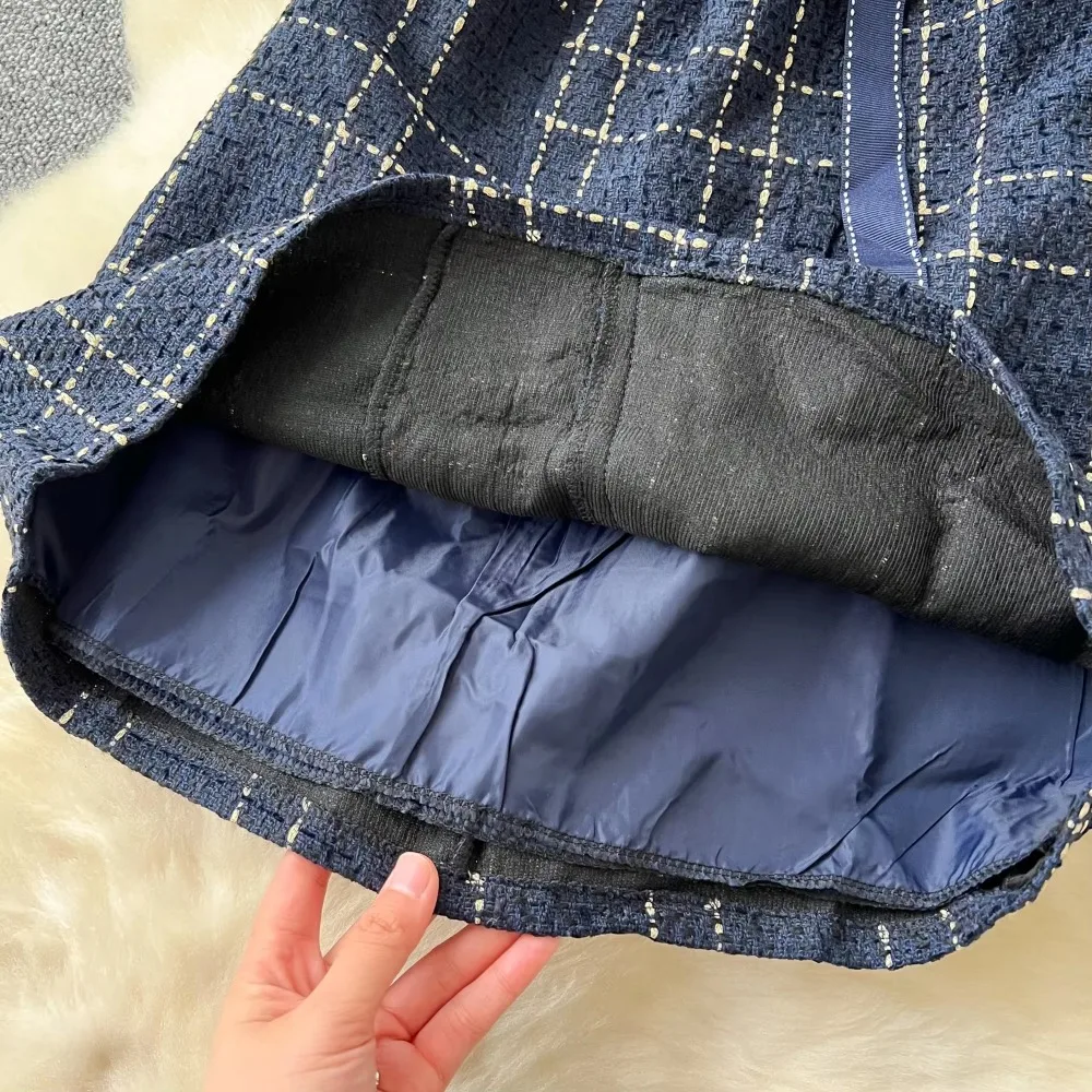 Vintage O-neck Elegant Sleeveless Chic Plaid Slim Bandage Short Dresses Korean Fashion Streetwear High Street Autumn Clothing