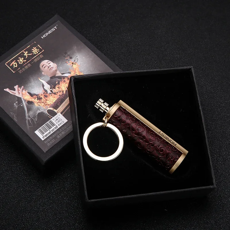 Leather Wrapped Metal Rod Keychain Match Lighter Waterproof Kerosene Oil Lighter 2024