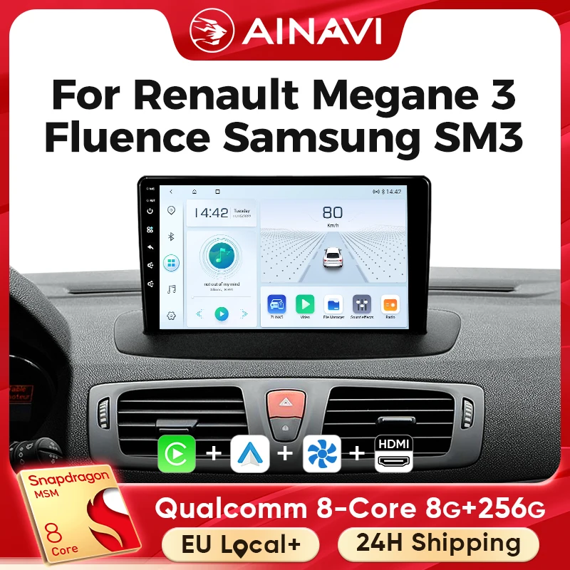 Reproductor Multimedia Ainavi para Renault Megane 3 Fluence Samsung SM3 2008 2009 2011 2013 2014, CarPlay Inalámbrico, 4G, Wi-Fi, 2 Din
