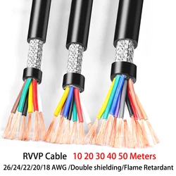 10 20 30 40 50M RVVP Shielded Cable 26/24/22/20/18/17AWG 2/3/4/5/6/7/8 Core Shielded Control Signal Copper Wire  PVC Audio Cable