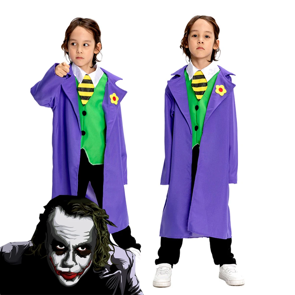 

JOKER Cosplay Movie Classic Character Costume For Kids Dark Knight Heath Ledger R.I.P Purple Coat Green Lining Fans Collection