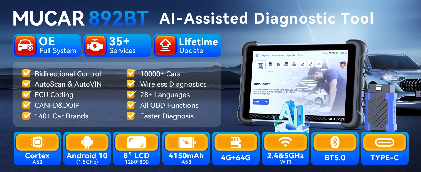 Lebenslange Kostenlose Updates MUCAR 892BT AI OBD2 Diagnosegerät CAN FD/DOIP Alle-Systeme-Diagnose 35 Reset-Funktionen Bidirektionale ECU-Codierung – Detail 1