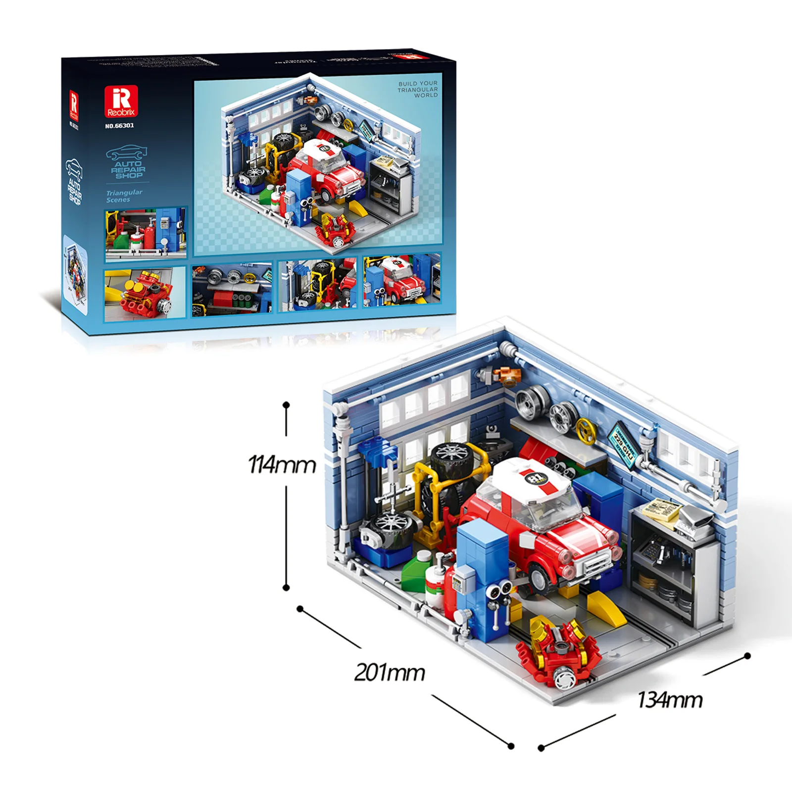 Miniature Street Scene Series Reobrix 66301 Auto Repair Garage Building Block Ornament Mini Racing Car Scene Model Holiday Gifts