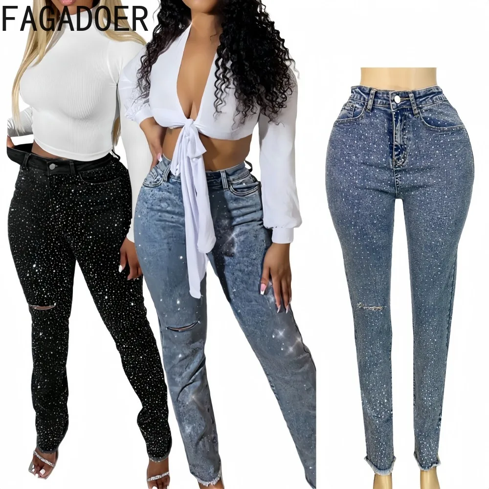 

FAGADOER Fashion Rhinestone Patchwork Denim Pants for Women Shining Hole Straight Leg Pants Female Streetwear Bottoms Autumn New