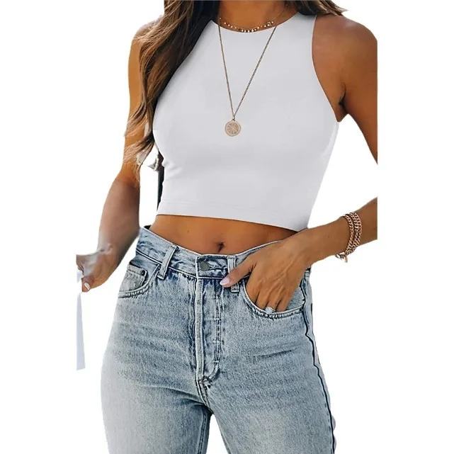 夏の新作ノースリーブラウンドネックI型ショートソリッドカラーベストTシャツ女性用