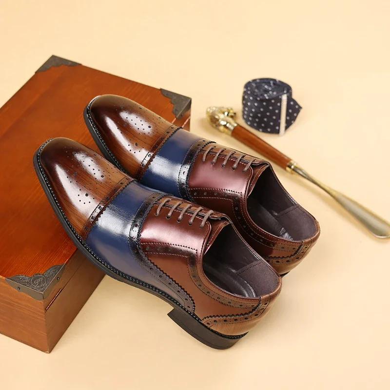 Luksusowe męskie buty Brogue Square Toe Mixed-Colors Men Dress Shoes Business Office Flats Eleganckie męskie buty ślubne na imprezę Duży rozmiar — zdjęcie 3