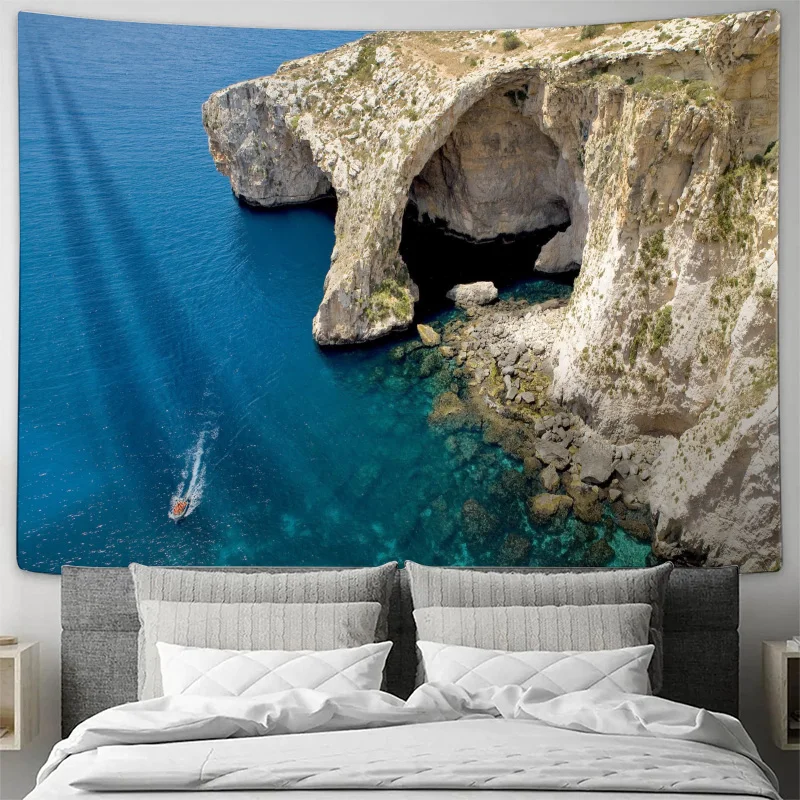 Azure Blue Sea Cave Cliff Aerial View Wall Tapestry Machine Washable All Season Decor Print Home Enhance spatial aesthetics