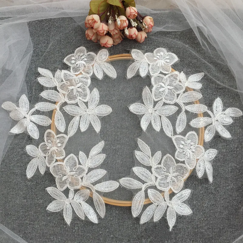 

Applique Medallions Elegant Embroidered Flower Sequins Leaf Mesh Lace Pair For Bridal Dress Accessories Wedding veil