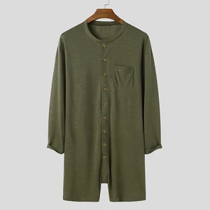 Sexy Men's Tight Pajama, Monochrome Jumpsuit, O -College, T -Shirt and Long Sleep Shorts, 1 -piece buttons, home clothes, new, 2023 8 Main Men's Body Sales - №6