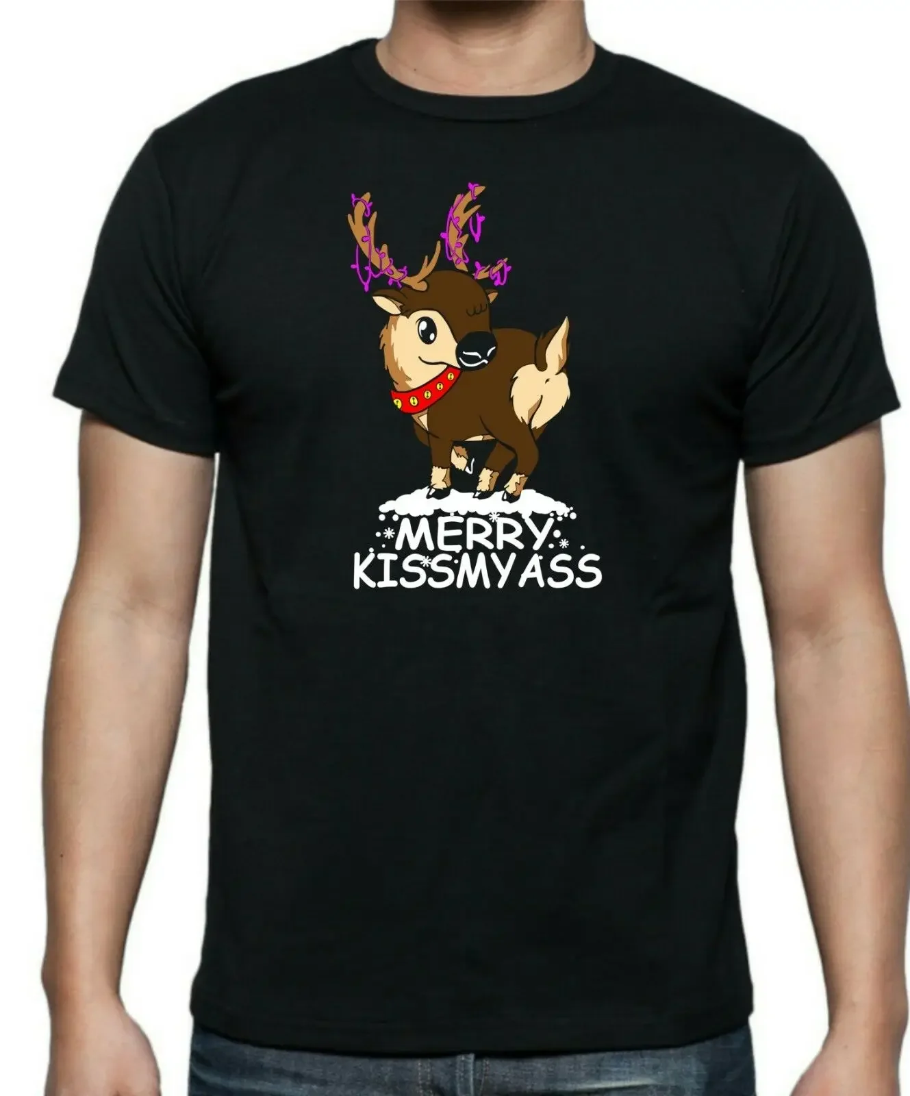 Humorous Merry Kiss My Ass Funny Reindeer Christmas Gift Mens T-Shirt. Summer Cotton Short Sleeve O-Neck Womens T Shirt New