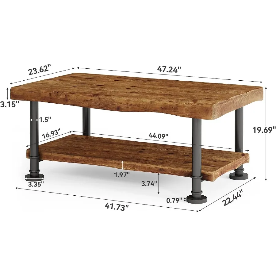 47 Inch Solid Wood Coffee Table with Live Edge for Living Room, Natural Wood Tone, Rustic Charm and Unique Grain Pattern