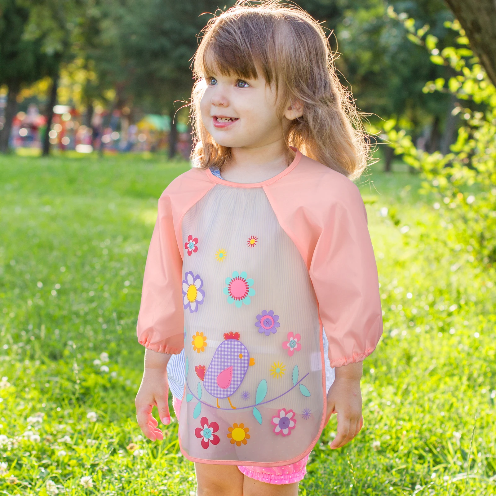 

Waterproof Kids Apron Bird Pattern Hook Children Painting Smock Fastener Painting Children Long Sleeve Disposable