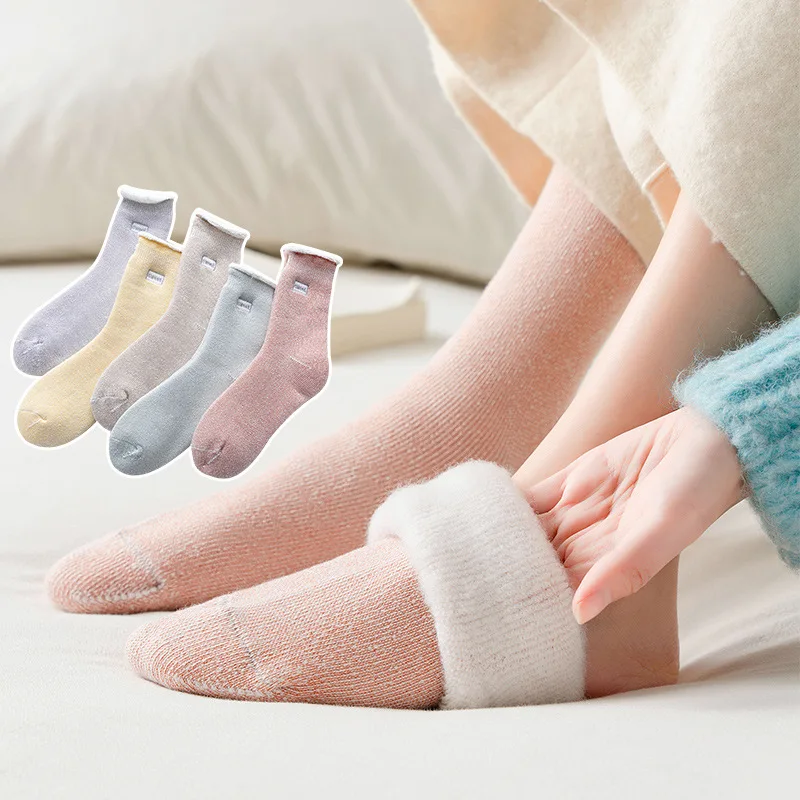 5 paires de chaussettes mi-mollet pour femmes, automne hiver, doublure polaire thermique, épaisses, chaudes, amples, ensemble de chaussettes moelleuses pour filles, 2025