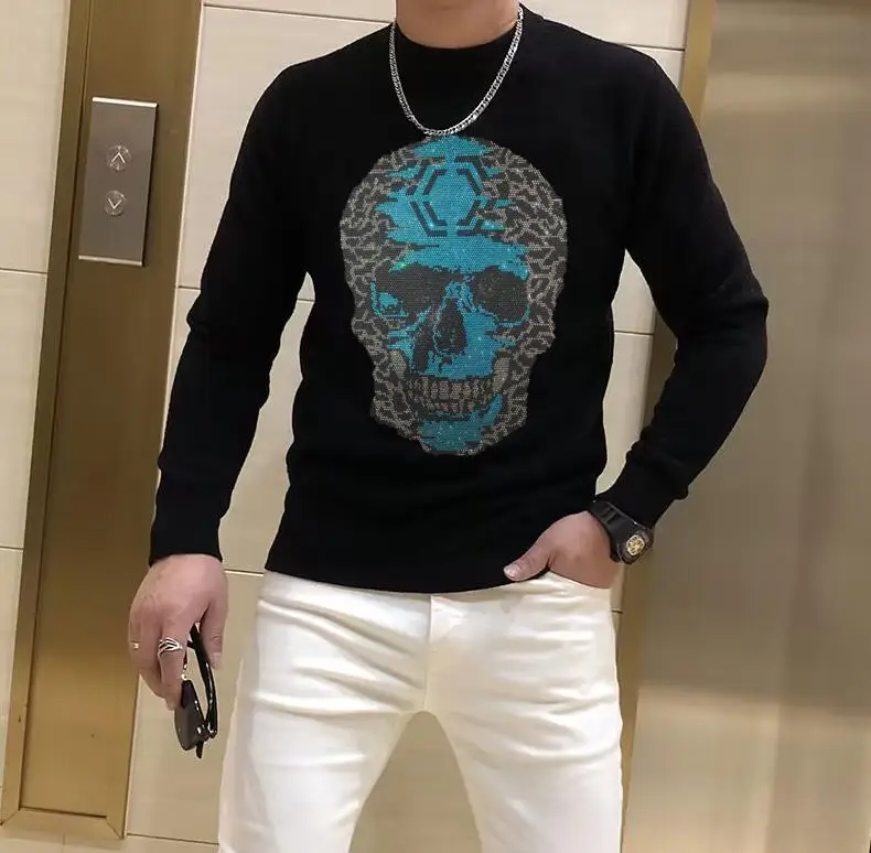 

2024 Rhinestone Men's Sweaters Male Knitwear sweater warm hot drill Round Collar clothing cotton casual PLEIN ALI pullovers