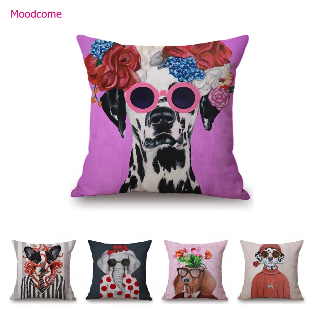 Lovely Cute Flower Head Puppy Dog Dalmation Fashion Animal Comics Painting Funny Kids Sofa Throw Pillow Case Linen Cushion Cover