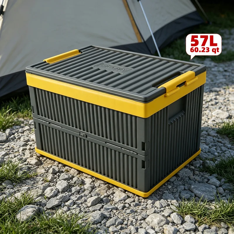EKOA  1 Pack   57L/ 60QT Collapsible Cargo Organizer – Durable Yellow & Gray Foldable Storage Crate for Vehicle Rear Trunk,